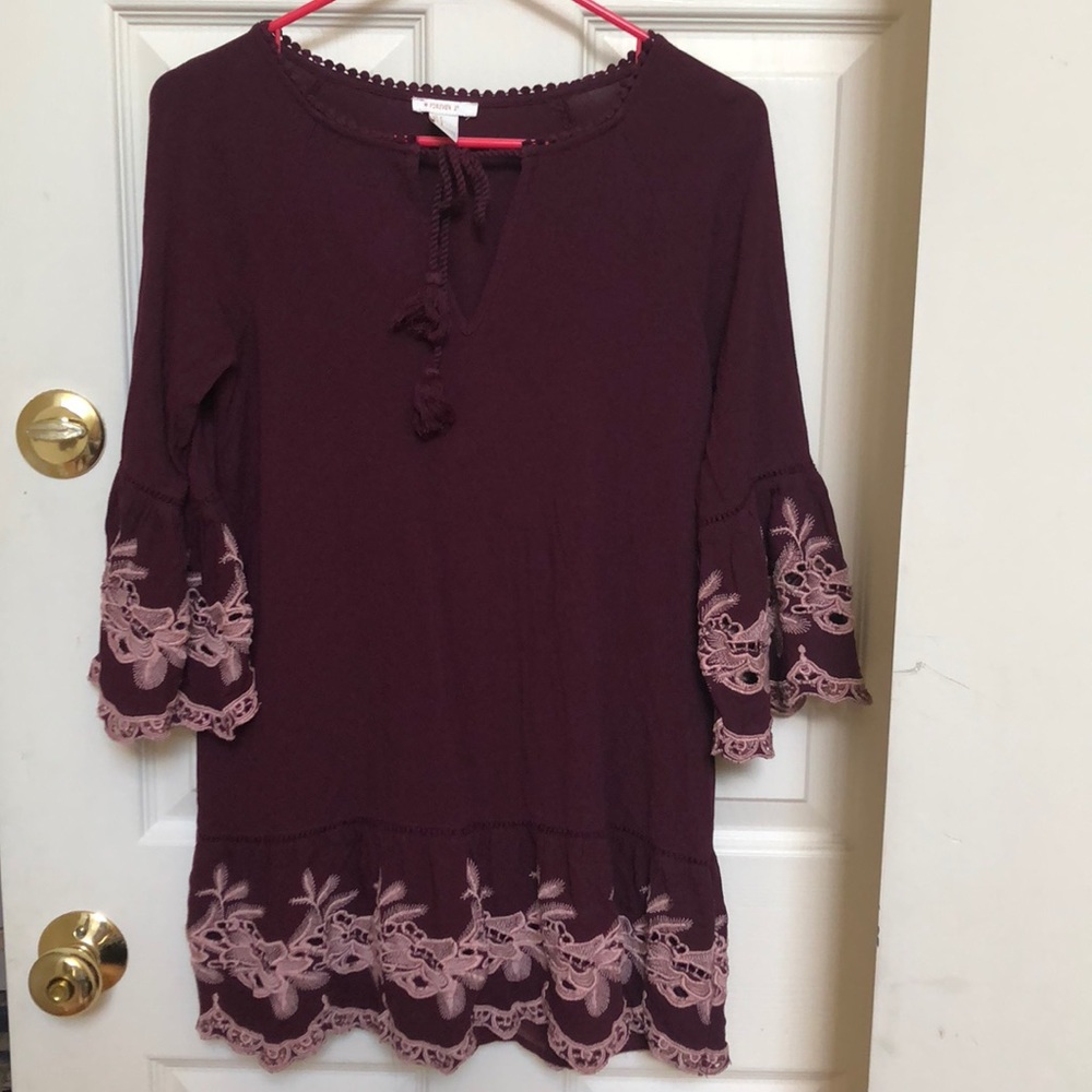 Burgundy Flowy Dress with Embroidery